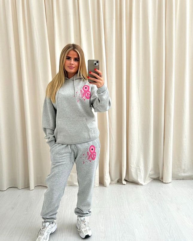 Pink Evil Eye, Peace, Heart Graffiti Hooded Tracksuit Grey