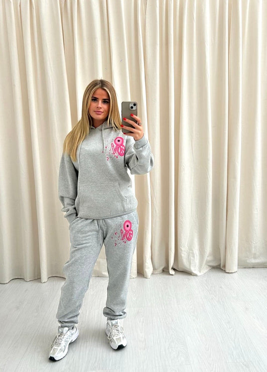 Pink Evil Eye, Peace, Heart Graffiti Hooded Tracksuit Grey