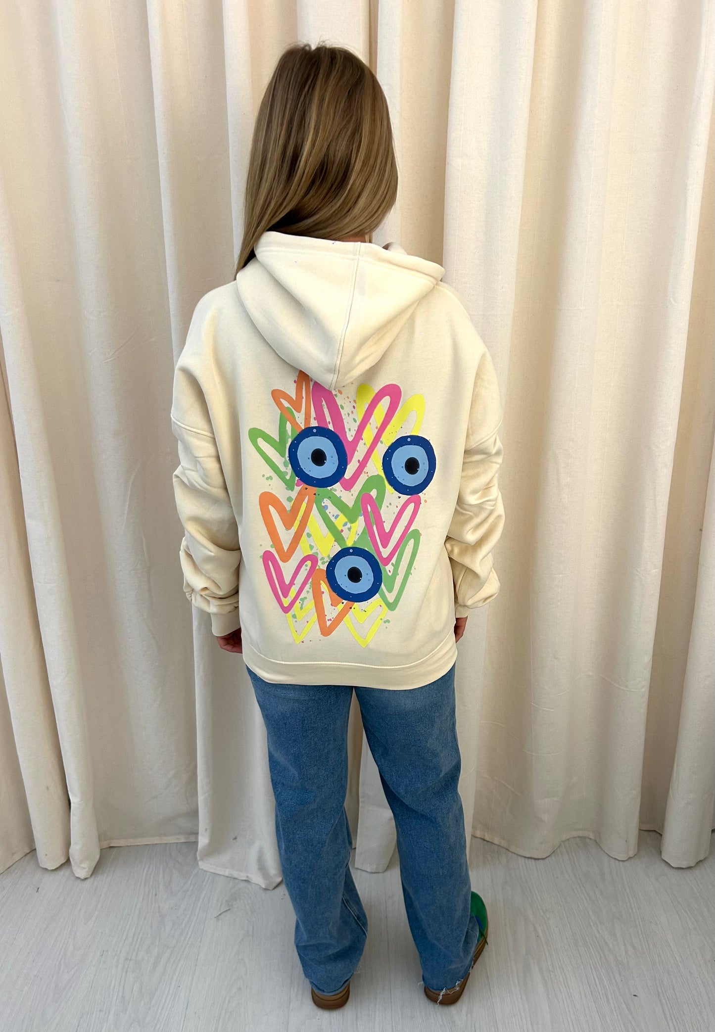 Neon Heart Evil Eye Graffiti Ruched Hoodie Cream