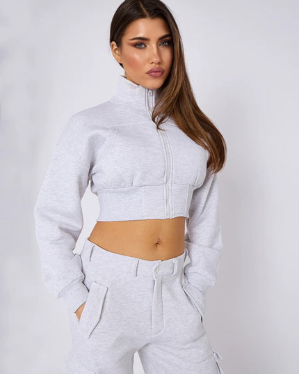 Cropped Zip Up Sweatshirt & Cargo Trouser Tracksuit Ash Grey