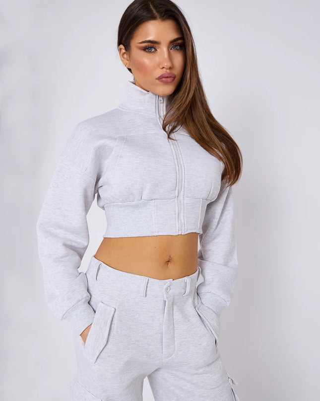 Cropped Zip Up Sweatshirt & Cargo Trouser Tracksuit Ash Grey