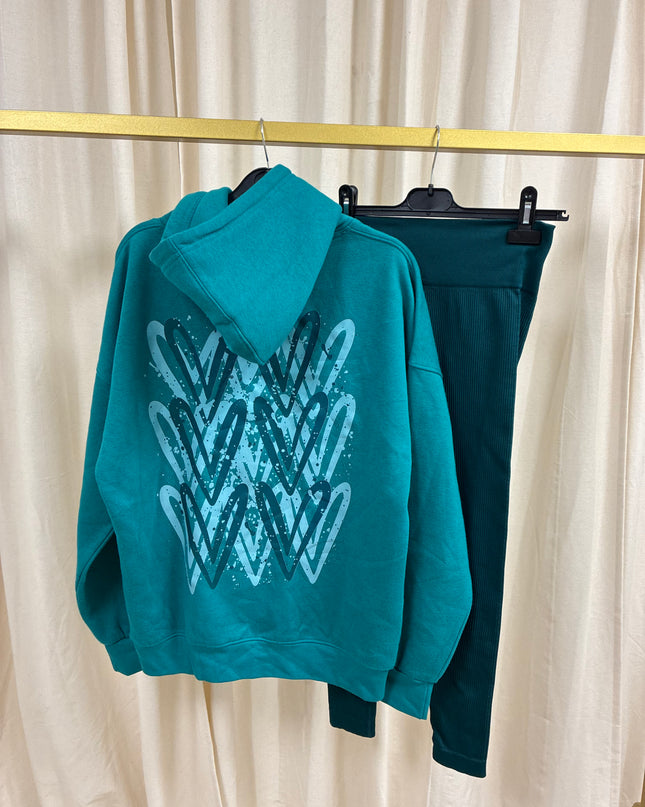 Teal Heart Printed Hoodie & Leggings Adults