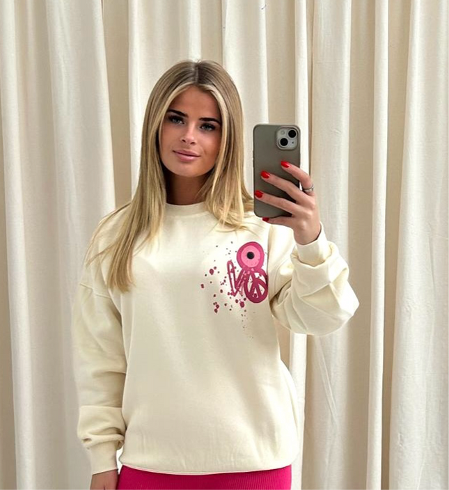 Pink Evil Eye, Peace, Heart Graffiti Sweatshirt Cream