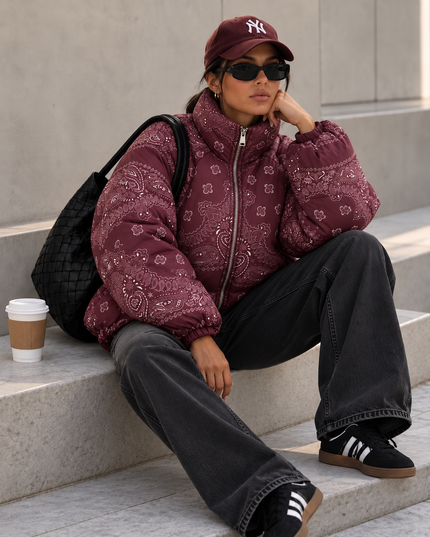 Paisley Puffer Cropped Jacket Burgundy