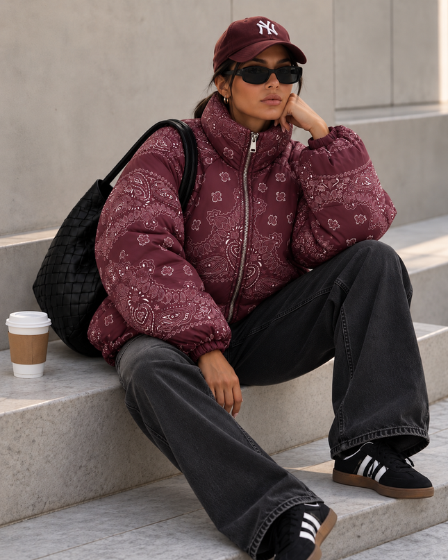 Paisley Puffer Jacket in Burgundy – women's one size puffer coat by Miss Runway