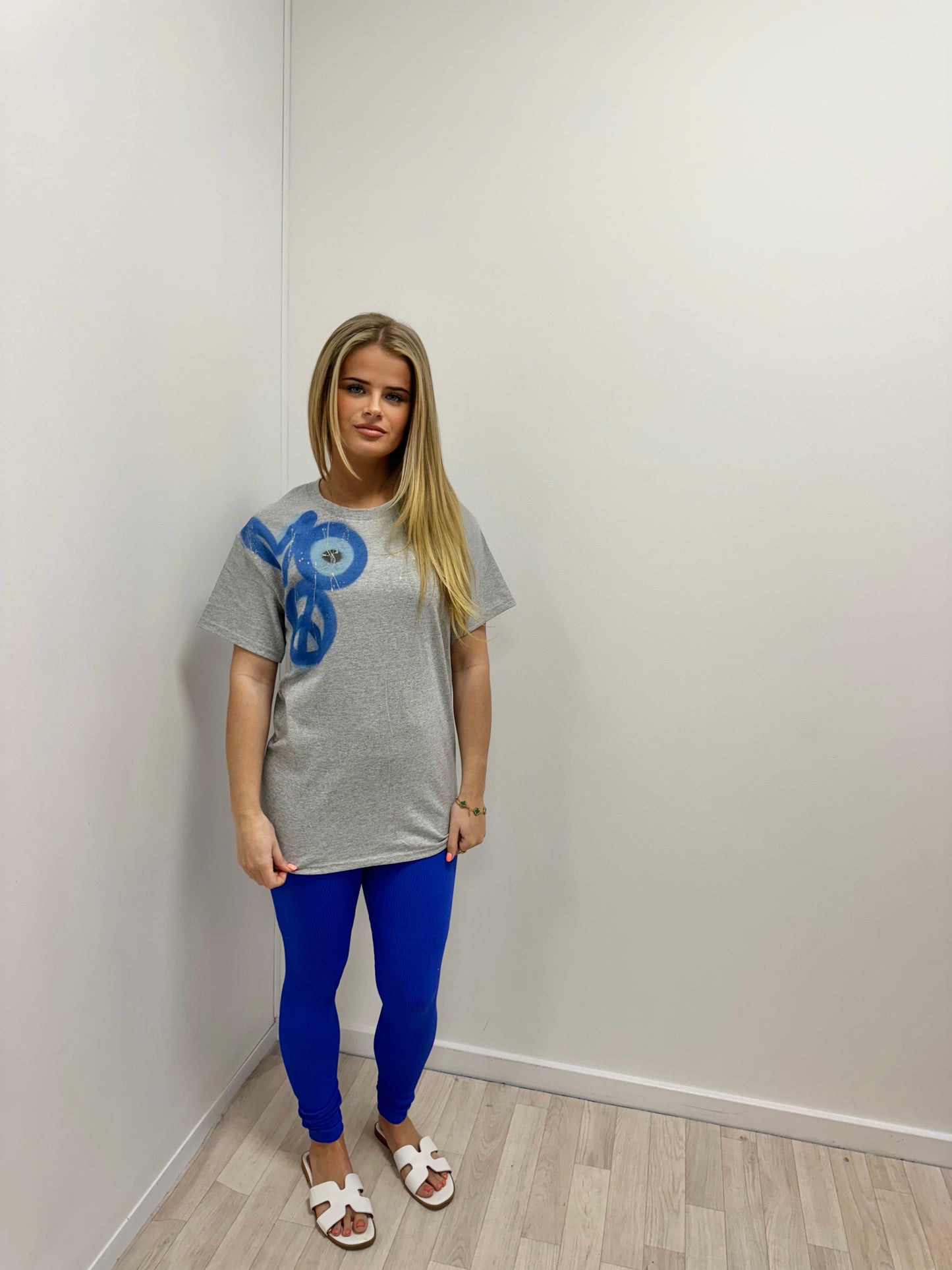 Evil Eye/Peace/Heart Grey T-Shirt And Royal Blue Legging Set