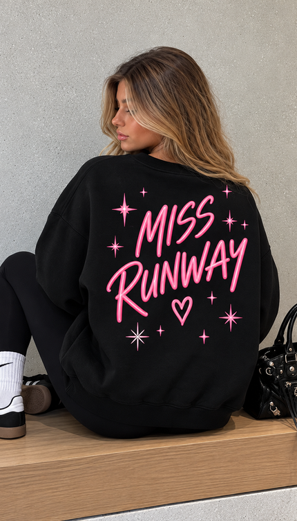 Back of the Lucky Girl kids' sweatshirt in black with glowing pink Miss Runway script with sparkles and a heart – Miss Runway