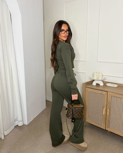 Cropped Zip Up Sweatshirt & Wide Leg Trouser Tracksuit Khaki