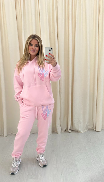 Miss Runway Pastel Heart Graffiti Hooded Tracksuit Pink