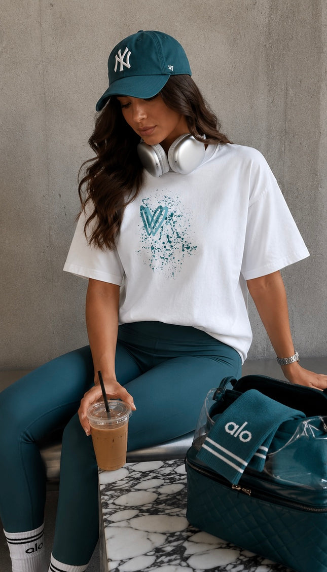 Teal Paisley graffiti heart T-shirt with spray paint effect print – women's T-shirt by Miss Runway