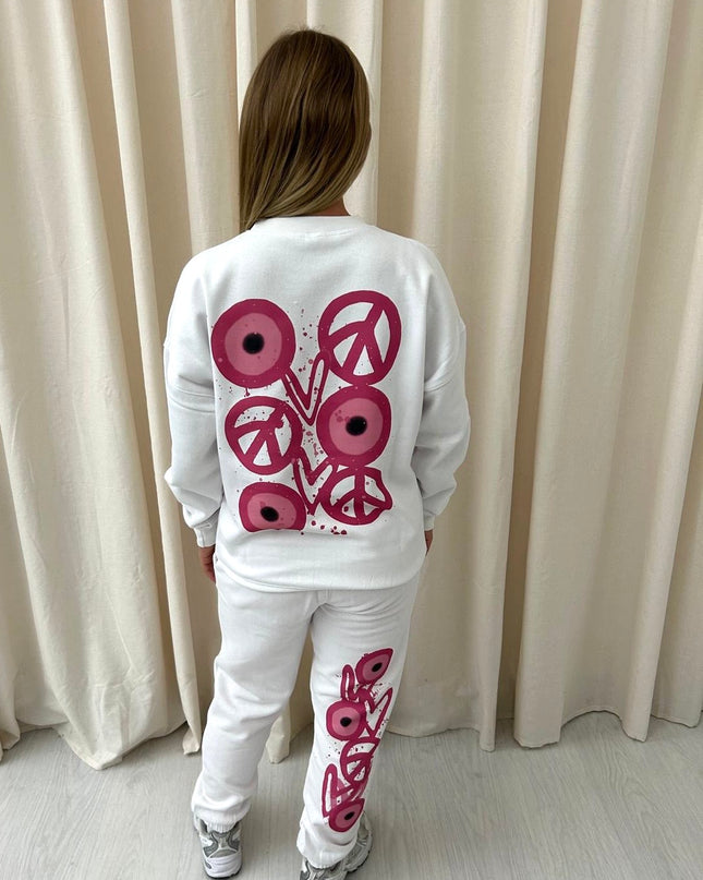 Pink Evil Eye, Peace, Heart Graffiti Sweatshirt Tracksuit White