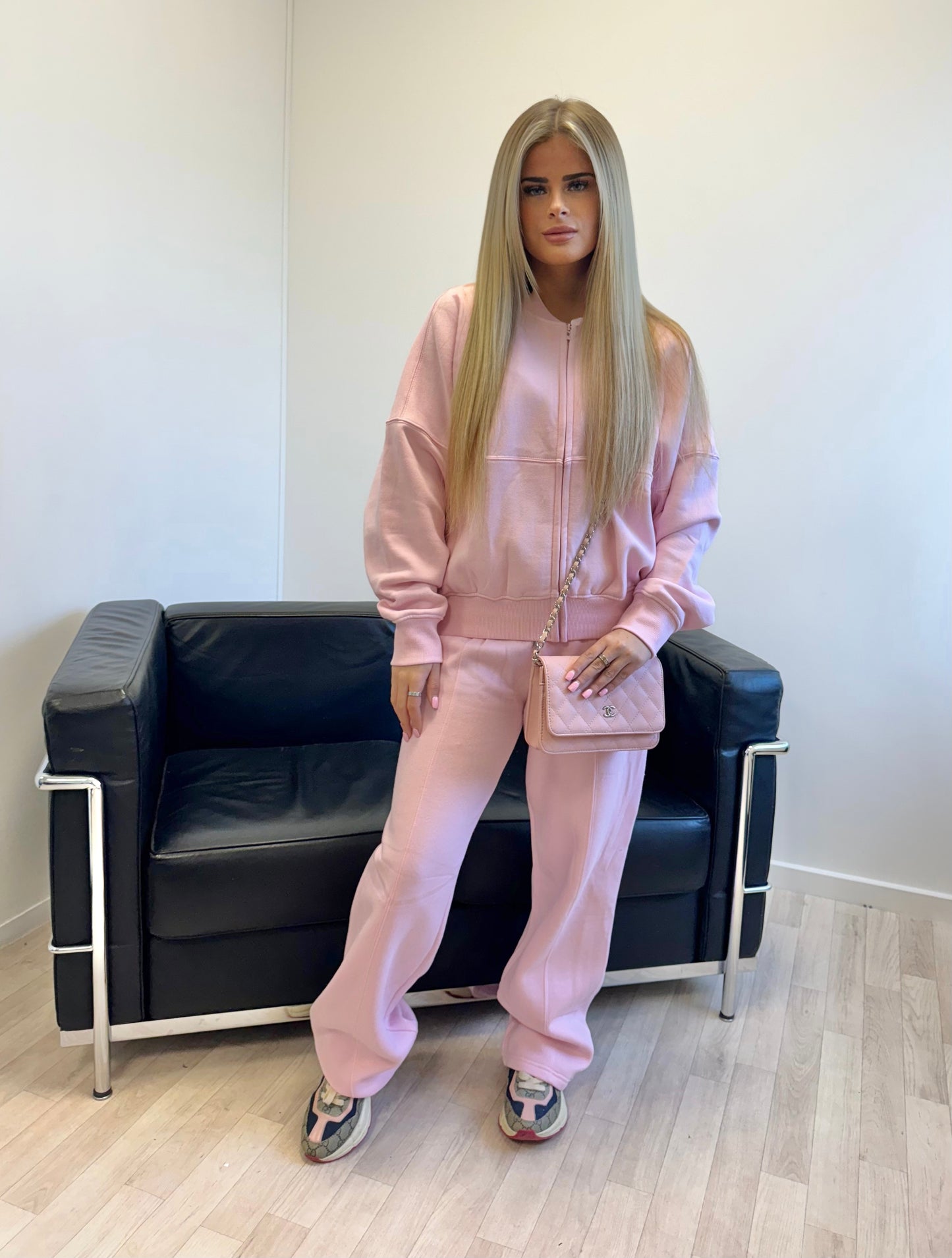 Pink Oversized Bomber Style Fleece Zipper Co-ord