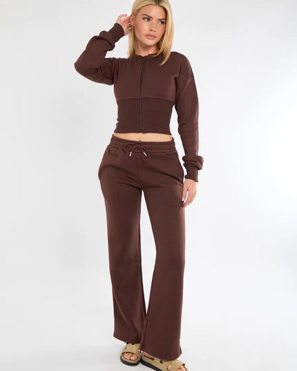 Cropped Zip Up Sweatshirt & Wide Leg Trouser Tracksuit Brown