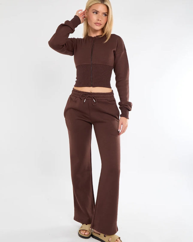 Cropped Zip Up Sweatshirt & Wide Leg Trouser Tracksuit Brown