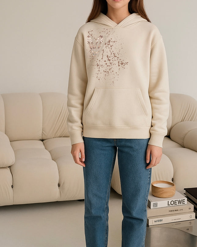 Beige Zig Zag Heart Printed Hoodie