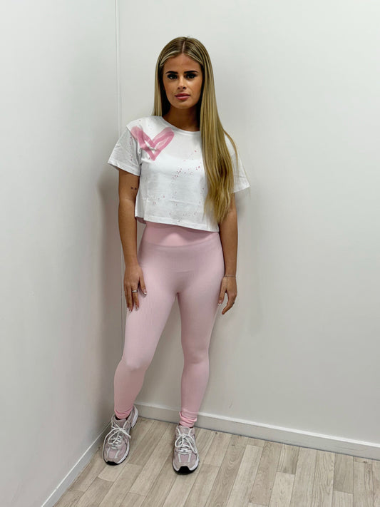 Pink Heart Cropped T-Shirt And Legging Set
