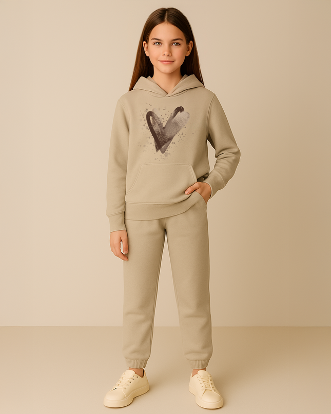 Brown Scattered Hearts Printed Hooded Tracksuit Kids