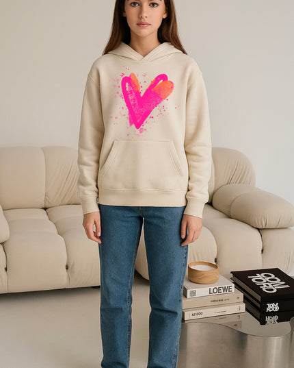 Neon Pink And Orange Scatter Hearts Printed Hoodie