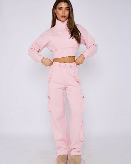 Cropped Zip Up Sweatshirt & Cargo Trouser Tracksuit Pink