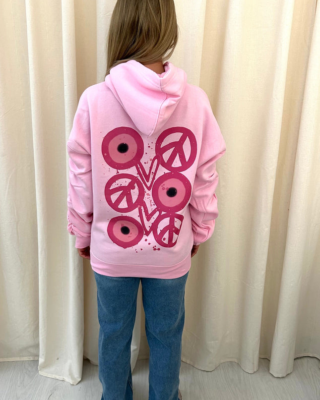 Pink Evil Eye, Peace, Heart Printed Ruched Hoodie