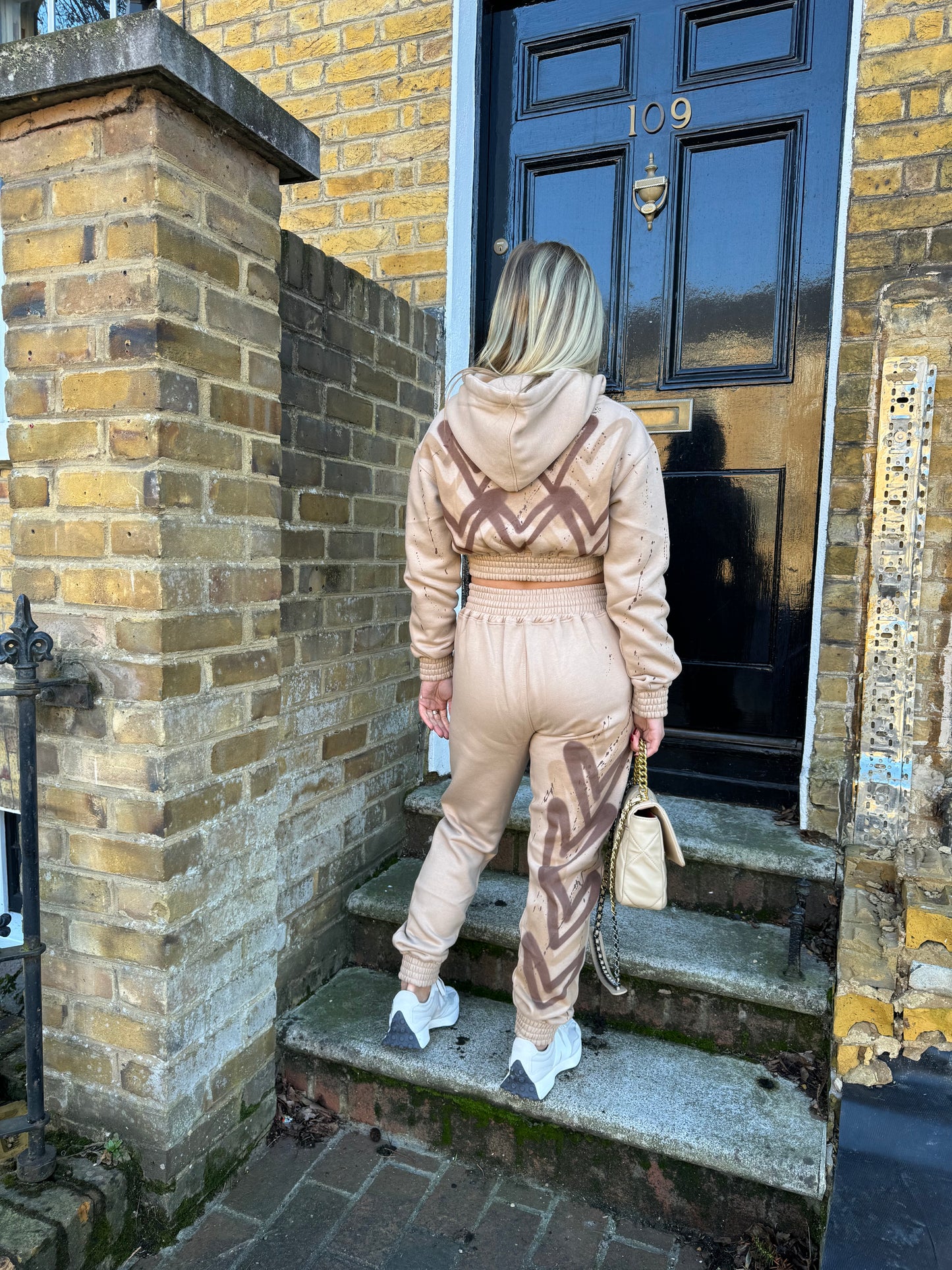 Brown Heart Cropped Hooded Tracksuit Beige