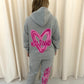 Miss Runway Pink Heart Graffiti Hooded Tracksuit Grey