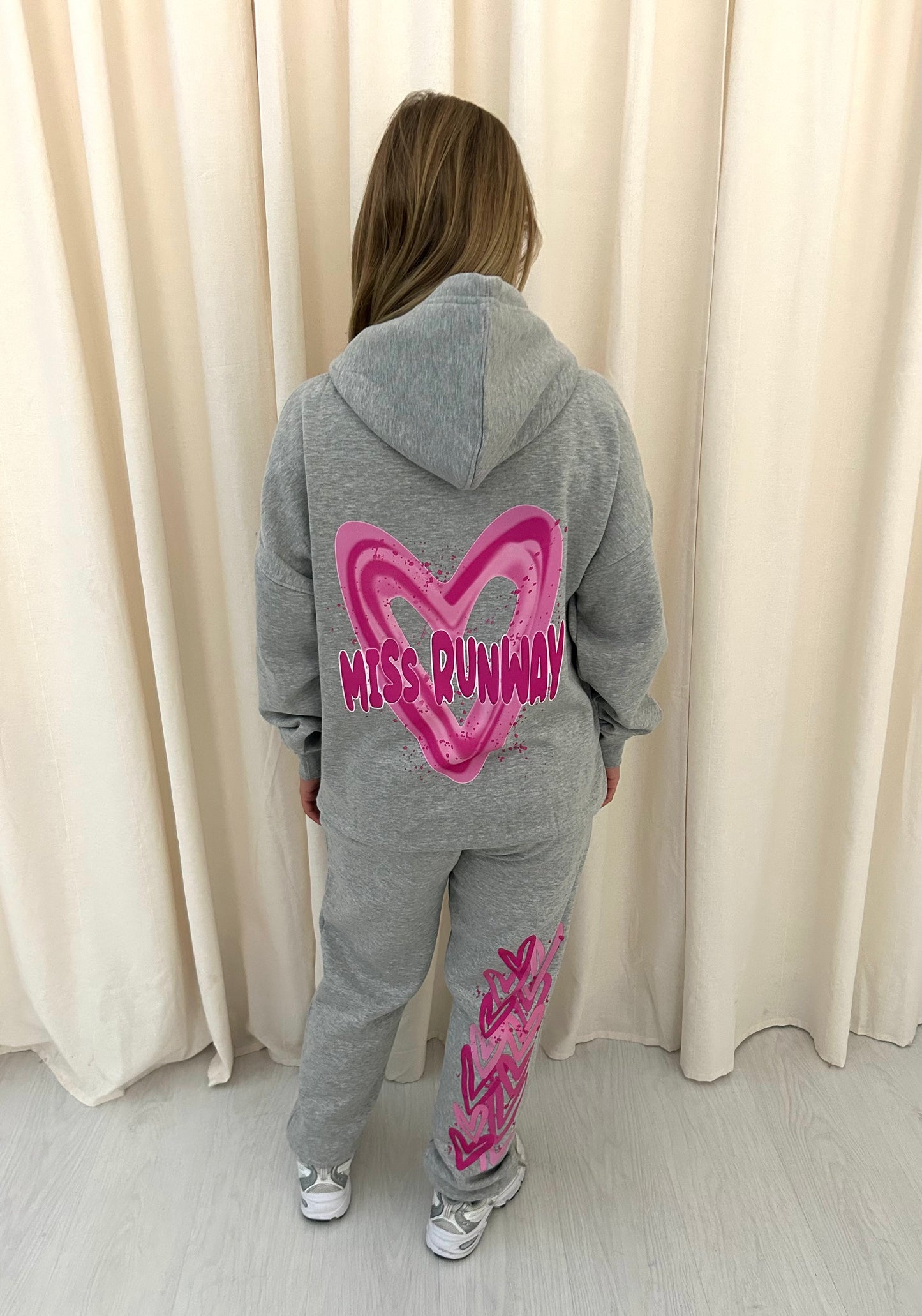 Miss Runway Pink Heart Graffiti Hooded Tracksuit Grey