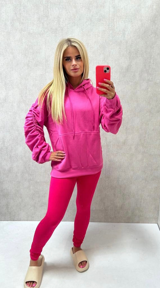 Ruched Hoodie Hot Pink