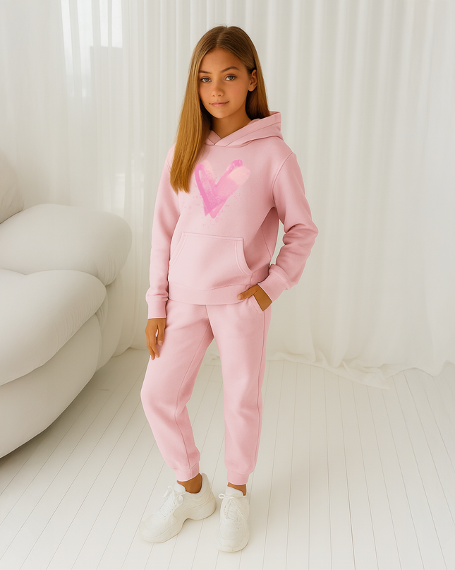 Pink Scattered Hearts Printed Hooded Tracksuit Kids