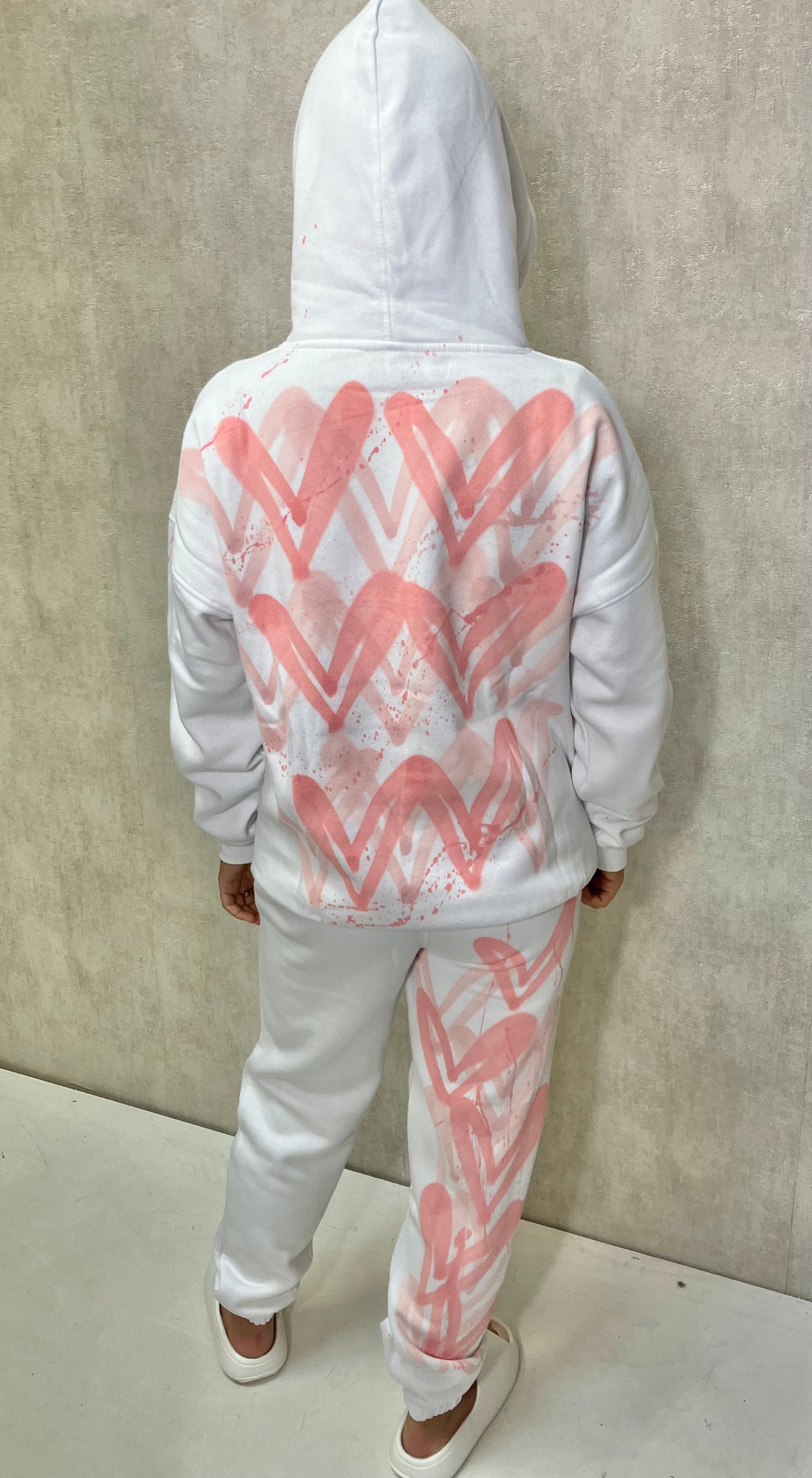 Coral/Pink Heart Sprayed White Hooded Tracksuit