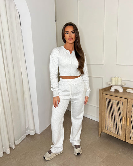 Cropped Zip Up Sweatshirt & Wide Leg Trouser Tracksuit Ash Grey