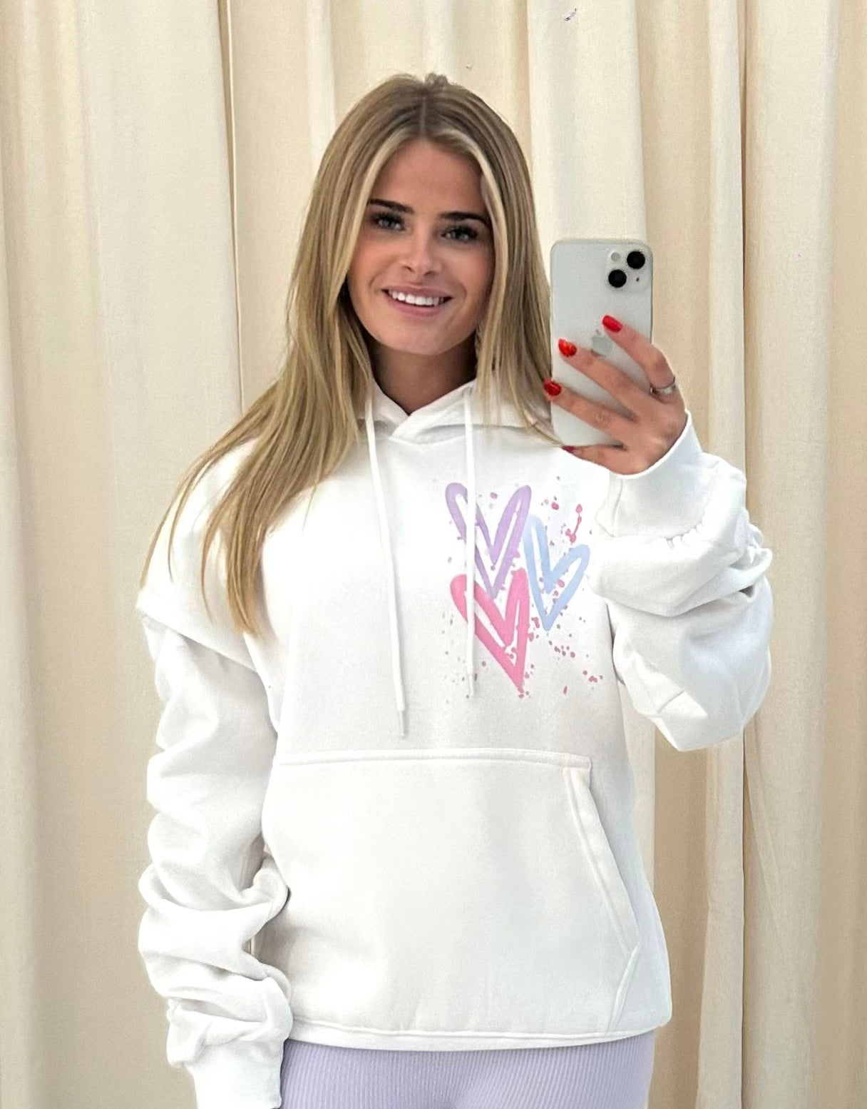 Miss Runway Pastel Heart Graffiti Ruched Hoodie White