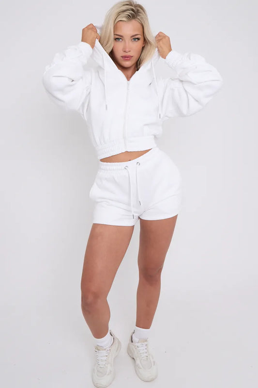 Cropped Zip Up Ruched Sleeve Hoodie & Shorts Fleece Co-ord White