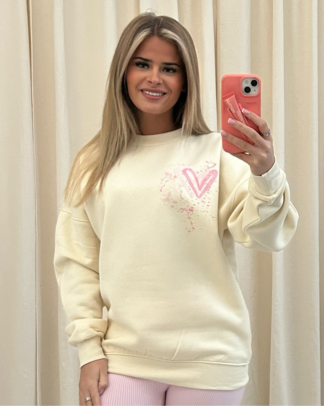 Pink Heart Graffiti Sweatshirt Cream