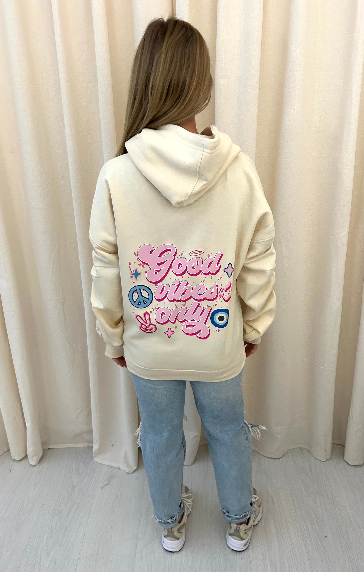 Good Vibes Only Graffiti Ruched Hoodie Cream