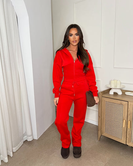 Cropped Zip Up Hood Sweatshirt & Wide Leg Trouser Tracksuit Red