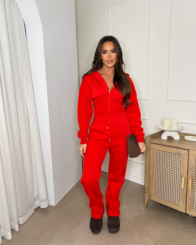 Cropped Zip Up Hood Sweatshirt & Wide Leg Trouser Tracksuit Red