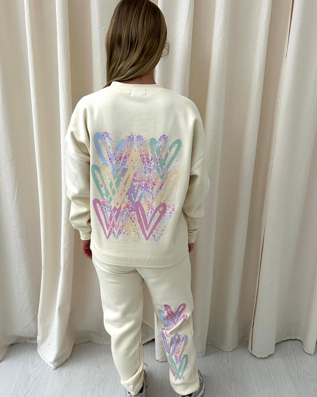 Pastel Leopard Print Heart Graffiti Sweatshirt Tracksuit Cream