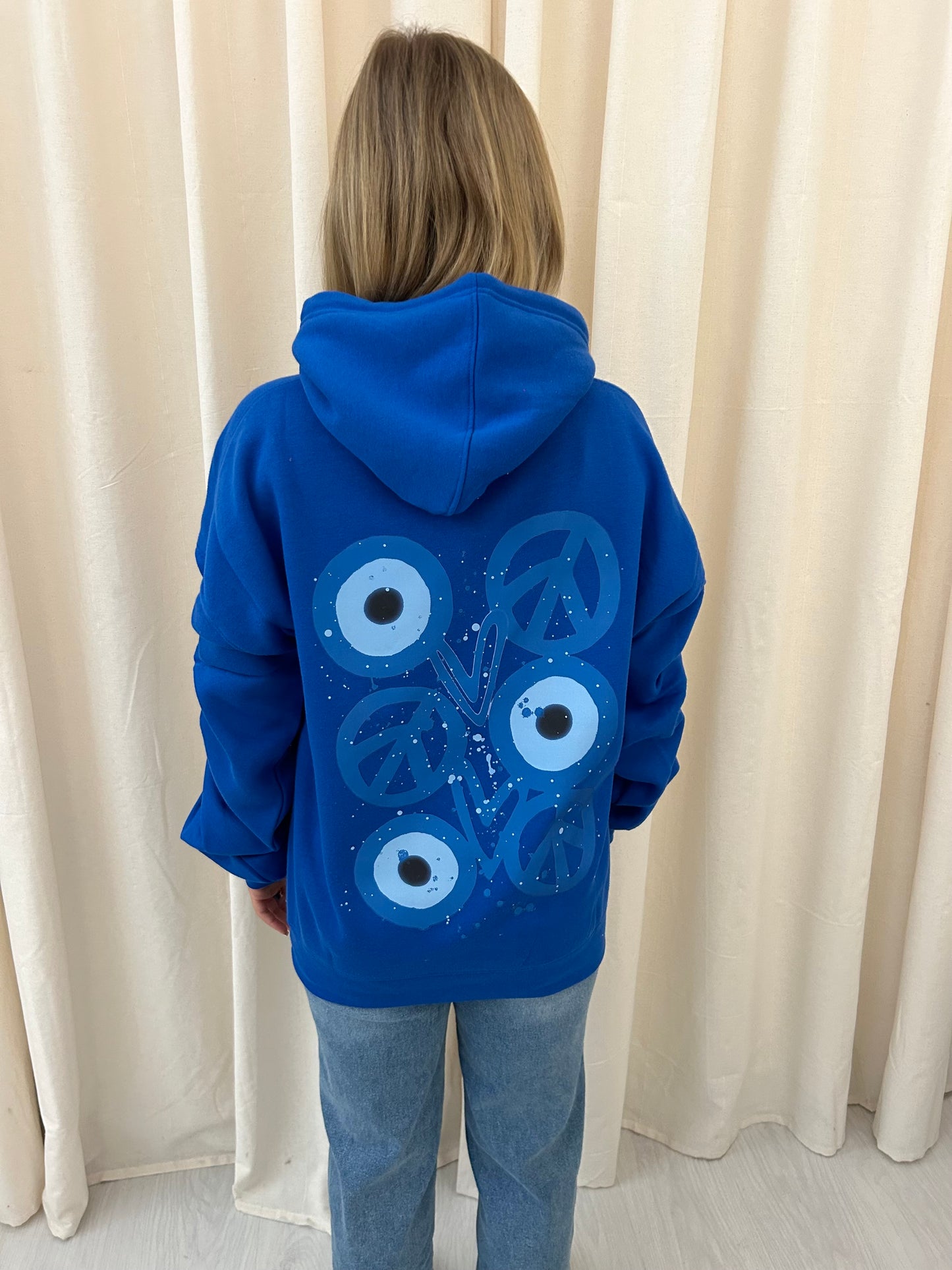 Evil Eye, Peace, Heart Graffiti Ruched Hoodie Royal Blue