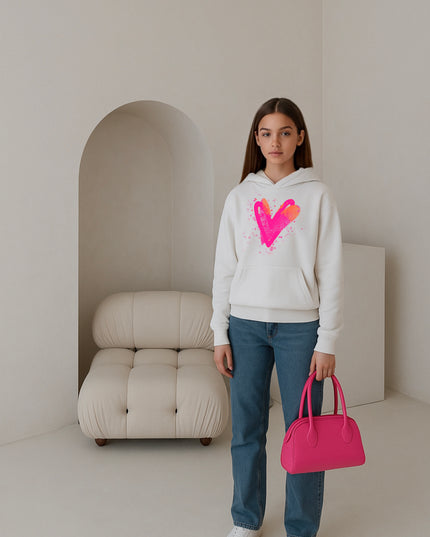 Neon Pink And Orange Scatter Hearts Printed Hoodie