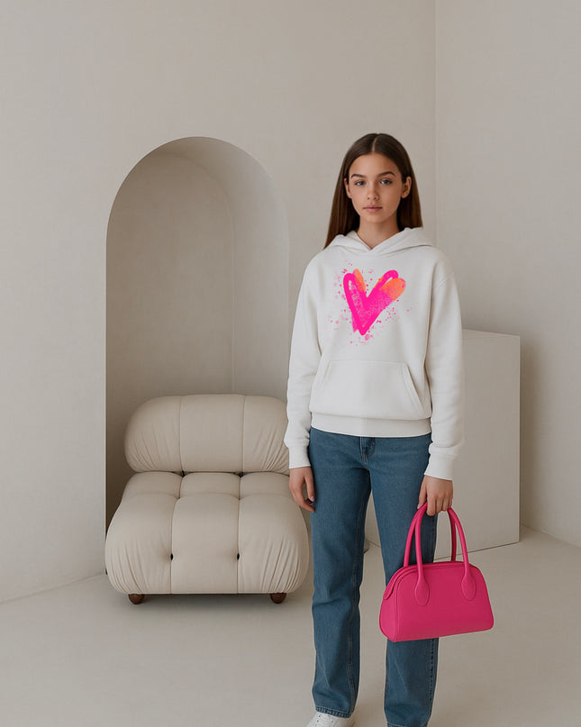 Neon Pink And Orange Scatter Hearts Printed Hoodie