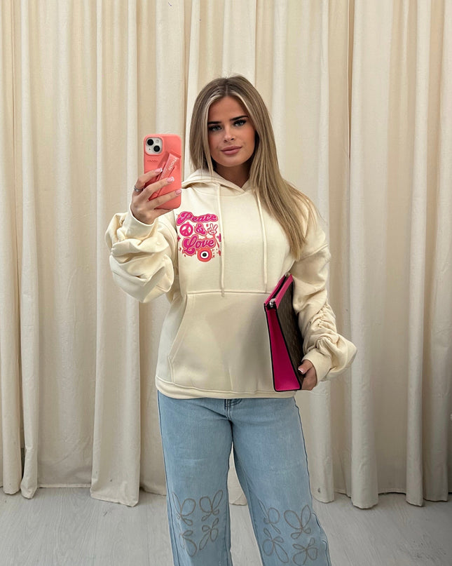 Peace & Love Printed Ruched Hoodie