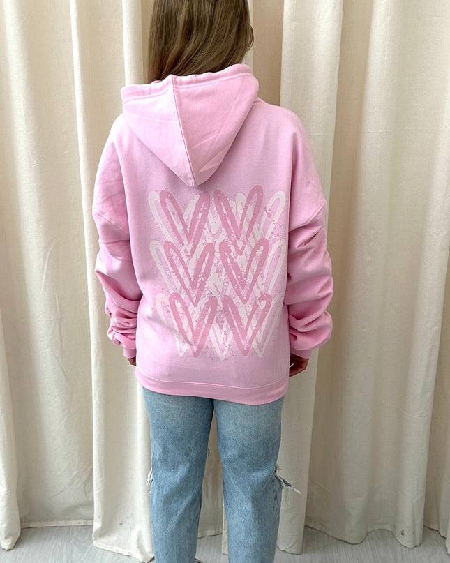 Pink Heart Printed Ruched Hoodie