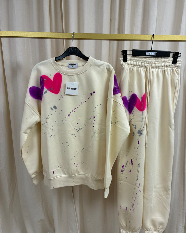 Purple/Hot Pink Heart Spray Painted Sweatshirt Tracksuit Adult