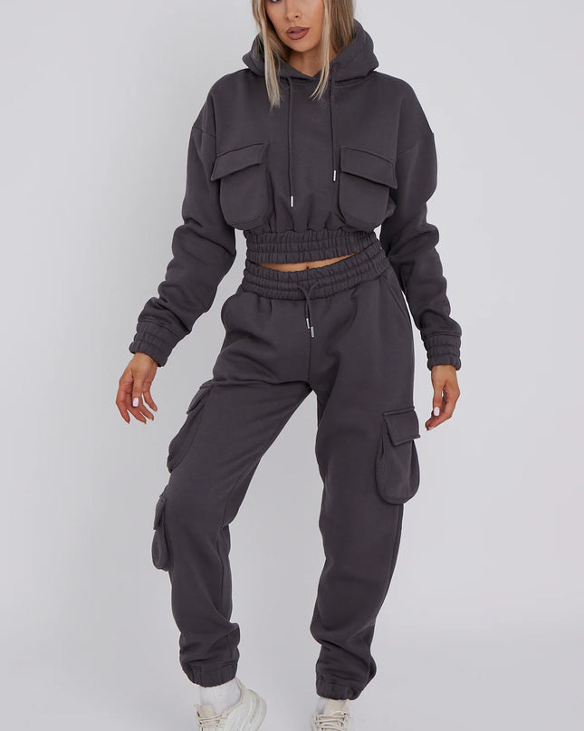 Cargo Pockets Fleece Tracksuit Charcoal Grey