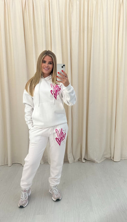 Miss Runway Pink Heart Graffiti Hooded Tracksuit White