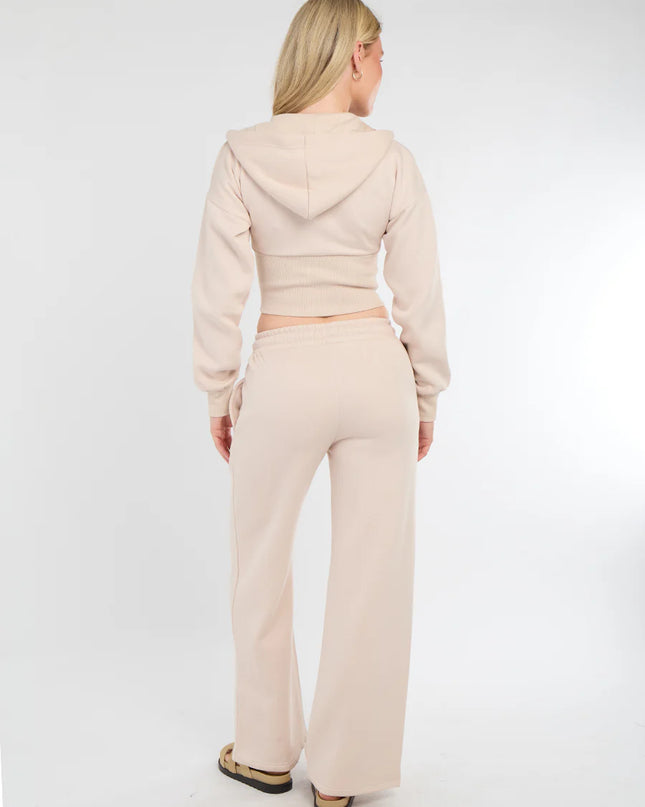 Cropped Zip Up Hood Sweatshirt & Wide Leg Trouser Tracksuit Stone