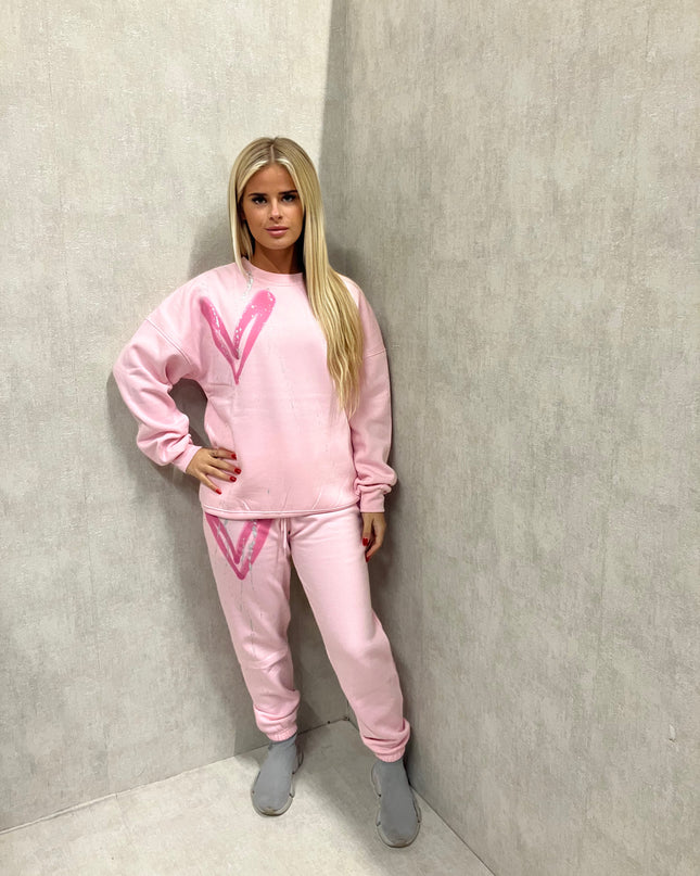 Pink Heart Sprayed Sweatshirt Tracksuit