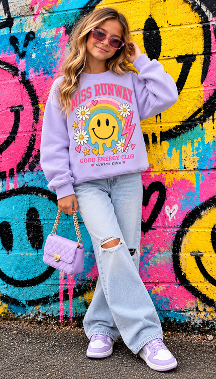 Girl wearing the Good Energy Club Sweatshirt in lilac with a rainbow smiley print by Miss Runway