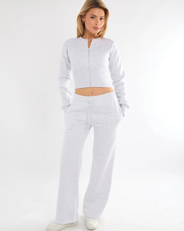 Cropped Zip Up Sweatshirt & Wide Leg Trouser Tracksuit Ash Grey